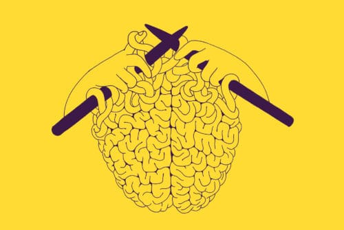 Illustration of a brain being knitted by hands