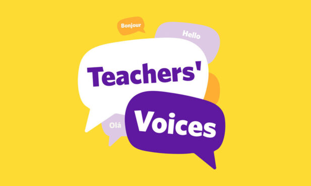 Il logo di Teachers' Voices raffigura dei fumetti con saluti in diverse lingue.