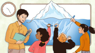 Children draw the underneath of an iceberg on a whiteboard.