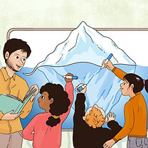 Children draw the underneath of an iceberg on a whiteboard.