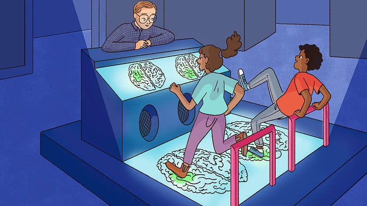 Teenagers play a brain-themed arcade dance game.