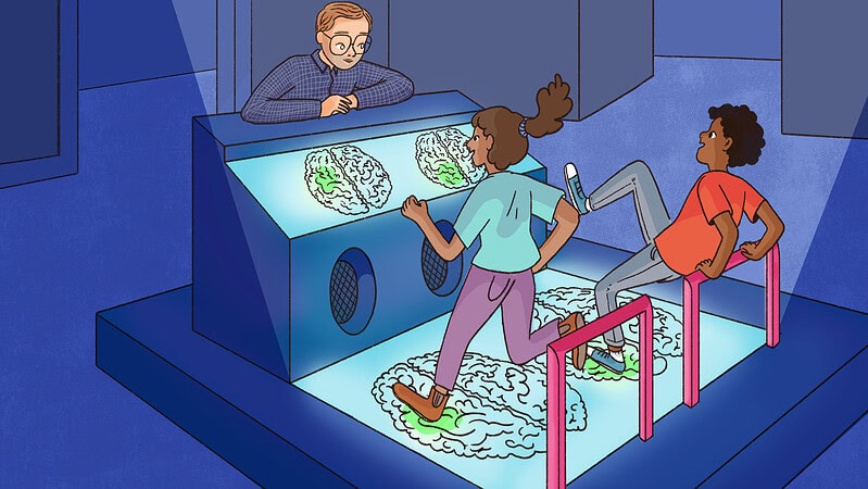 Teenagers play a brain-themed arcade dance game.