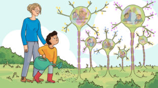 A child and a woman water growing neurons that look like plants.
