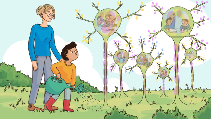 A child and a woman water growing neurons that look like plants.