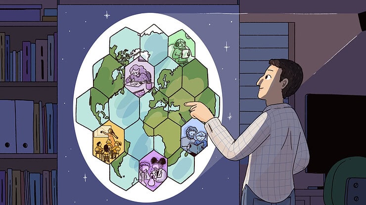 A researcher looks at a map of the world featuring different learning scenarios.