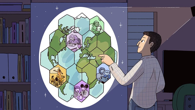 A researcher looks at a map of the world featuring different learning scenarios.