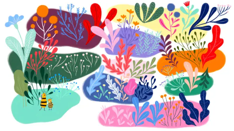 Cartoon bees among colourful flowers and plants