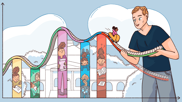 Un chercheur tient un circuit de montagnes russes représentant l'apprentissage d'un enfant au fil du temps.