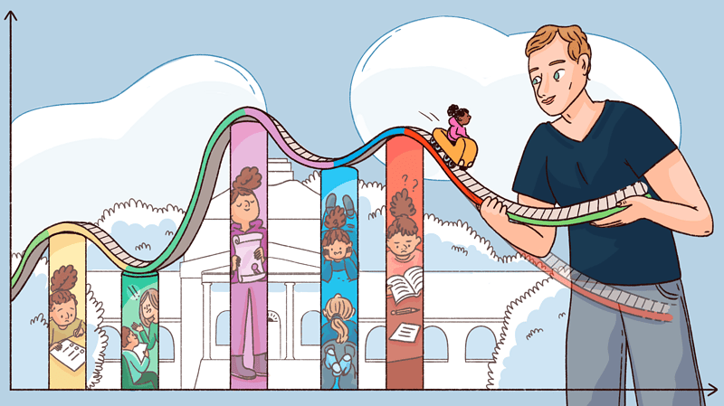 A researcher holds a roller-coaster track representing a child’s learning over time.
