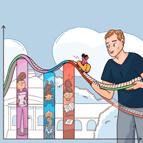 A researcher is holding a roller-coaster track representing a child’s ups and downs in learning over time.