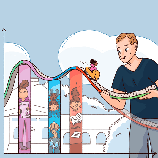 A researcher is holding a roller-coaster track representing a child’s ups and downs in learning over time.