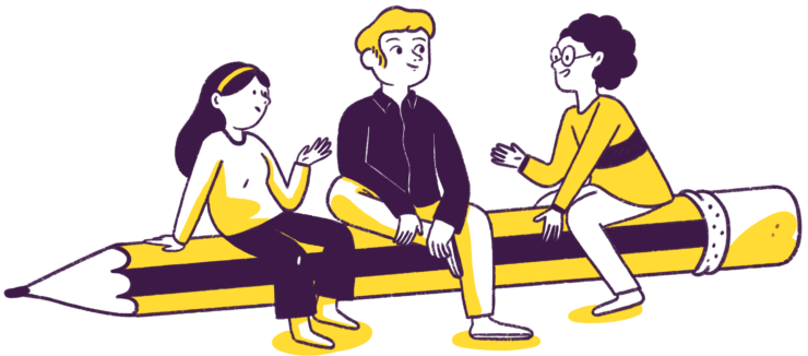 Authors sit and chat on a giant pencil.