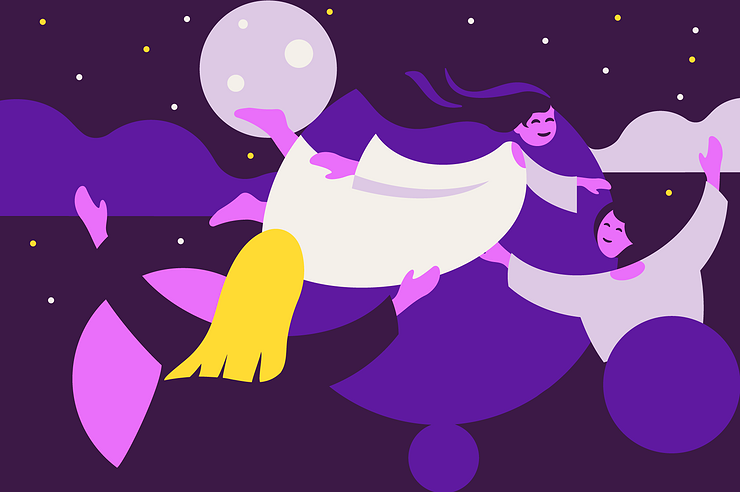 An adult cheers young people flying in the sky together.