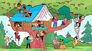 Children learn and play in a tree house.
