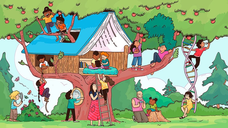 Children learn and play in a tree house.