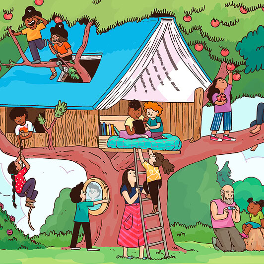 Children learn and play in a tree house.