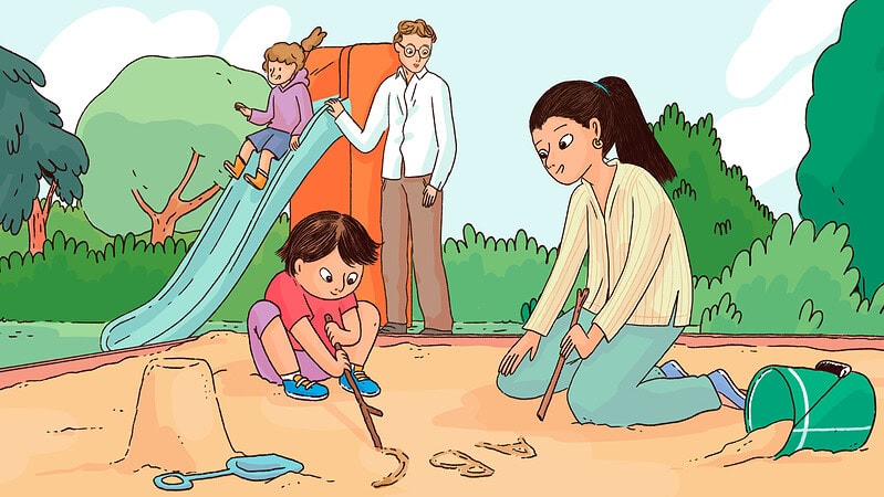 A researcher is observing how a parent is playing with her child at the playground.