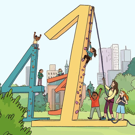 A researcher is helping a child scale a rock wall.