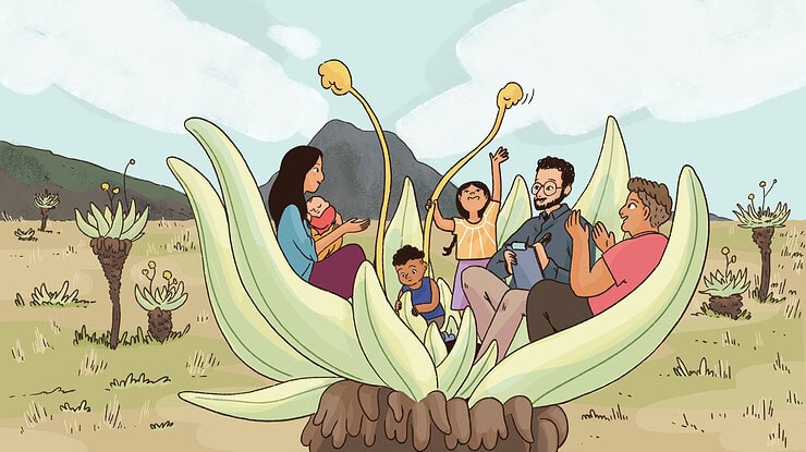 A researcher observes a family as they care for and play with one another within a nurturing environment they've created.
