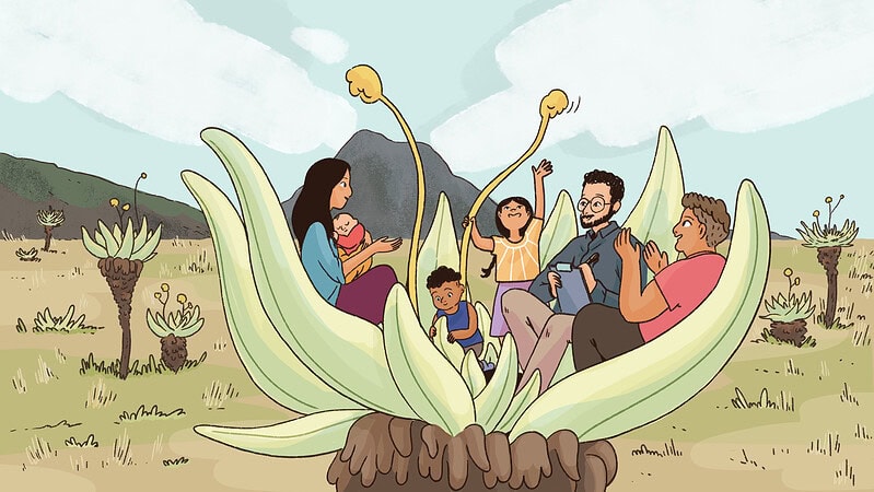 A researcher observes a family as they care for and play with one another within a nurturing environment they've created.