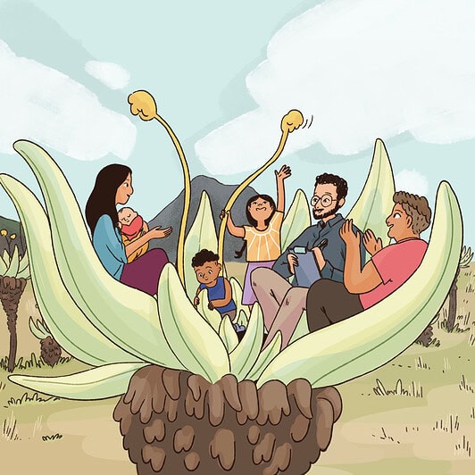 A researcher observes a family as they care for and play with one another within a nurturing environment they've created.