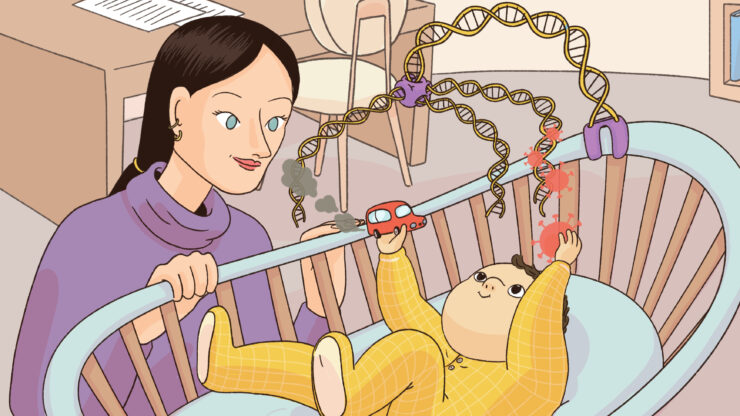 An adult looks at a baby in a cot who is playing with factors that will affect their development.