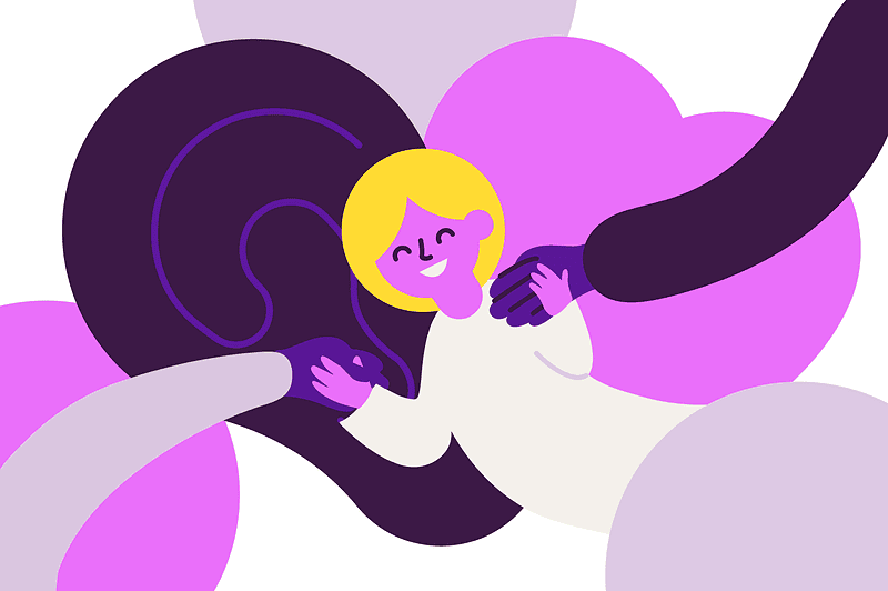 An illustration of a happy child holding hands with her caregivers.