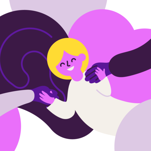 An illustration of a happy child holding hands with her caregivers.