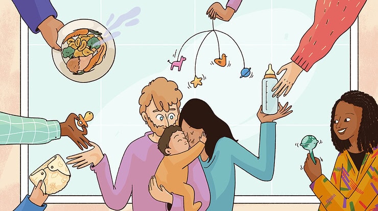 A researcher is observing a family of a young child receiving support from their community.