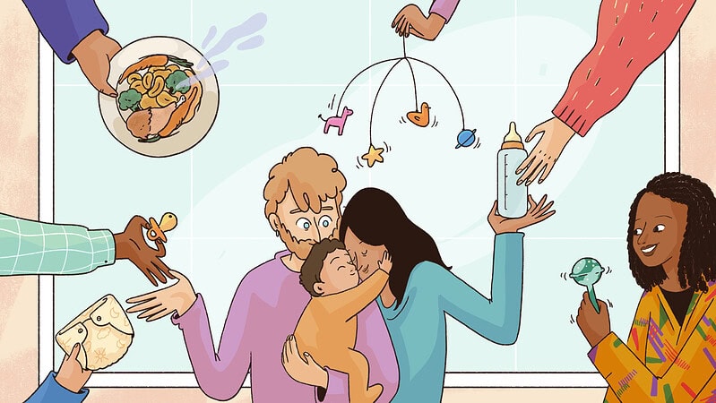 A researcher is observing a family of a young child receiving support from their community.
