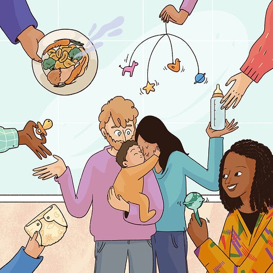 A researcher is observing a family of a young child receiving support from their community.