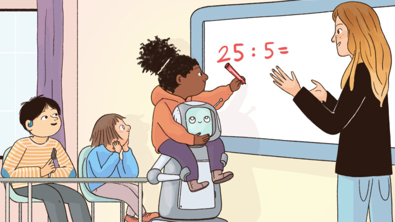 A child solves a mathematics problem with the help of a robot.