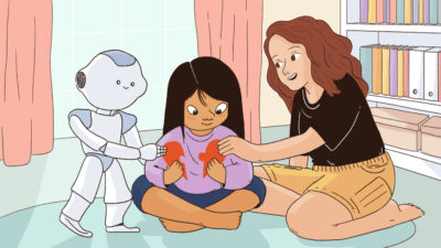 An adult and a robot help a child learn.