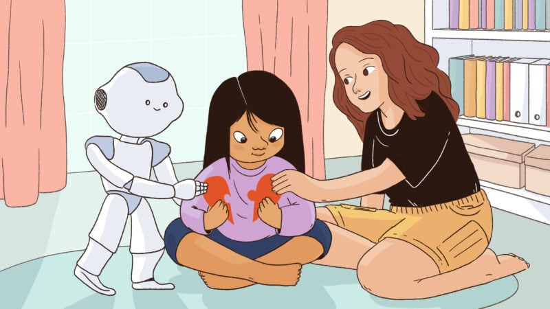An adult and a robot help a child learn.