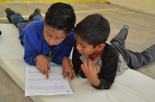 Two kids are learning together.