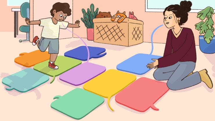 A child hops on speech bubbles while talking to an adult.