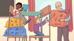 A child sits on a math-themed pillow while a teacher hands some to another child.