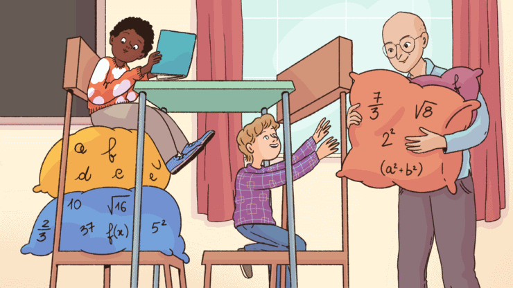 A child sits on a math-themed pillow while a teacher hands some to another child.