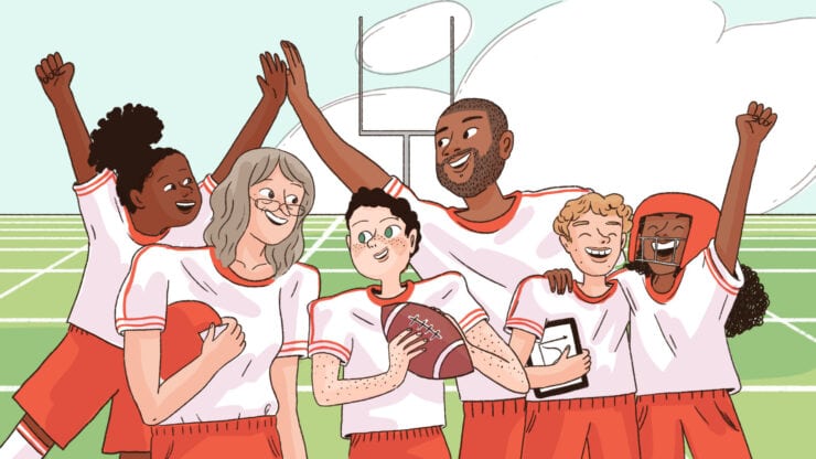 A group of children and adults play sports while learning.