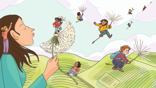 A researcher blows on a dandelion, and children ride the seeds through the sky.