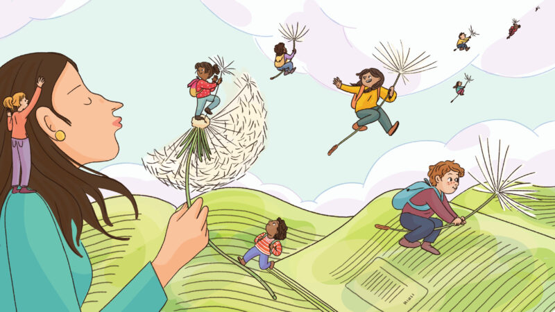 A researcher blows on a dandelion, and children ride the seeds through the sky.