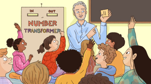 Children raise their hands to the teacher in a maths class.