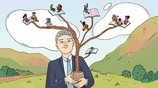 A researcher holds a tree with children learning on the branches.