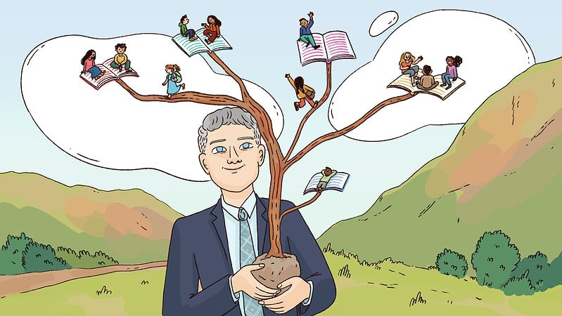 A researcher holds a tree with children learning on the branches.