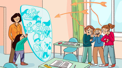 An adult helps a child to shield herself from bullies.