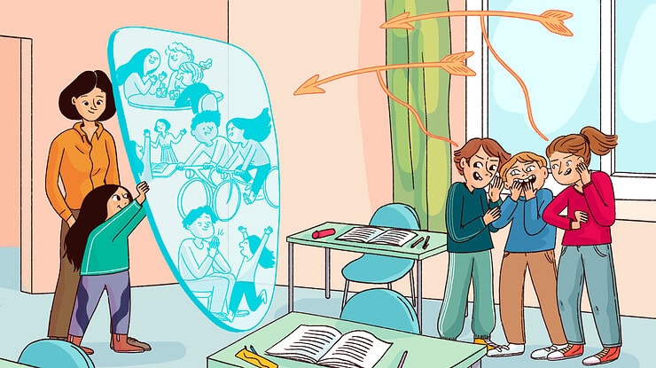 An adult helps a child to shield herself from bullies.