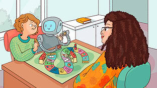 An adult helps a child learn with a robot.