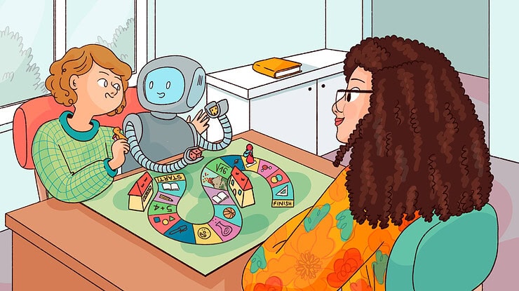 An adult helps a child learn with a robot.