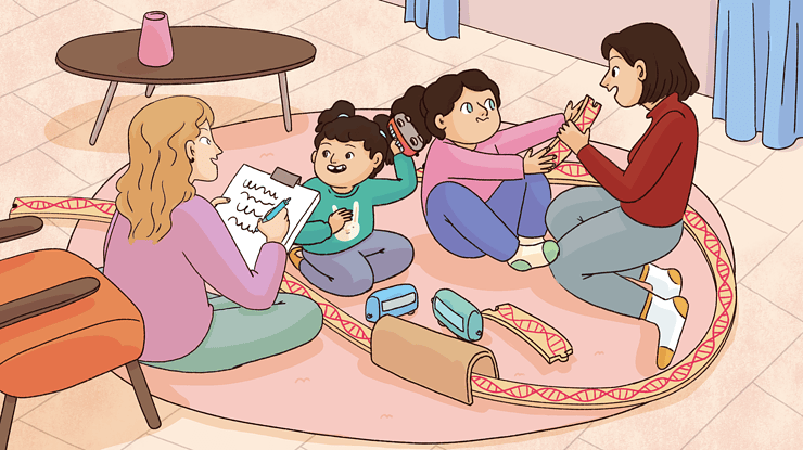 A researcher watches a parent play with two children.