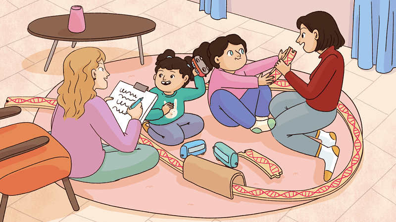 A researcher watches a parent play with two children.